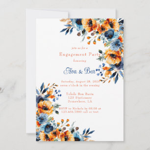 Blue and Orange Watercolor Floral Engagement Party Invitation