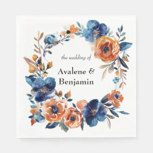 Blue and Orange Watercolor Floral Wedding Napkins