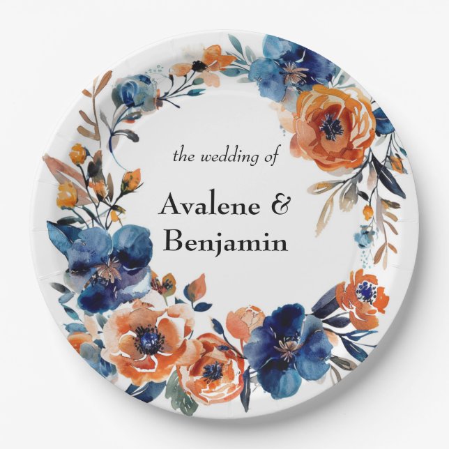 Blue and Orange Watercolor Floral Wedding Paper Plates (Front)
