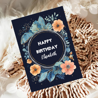 Blue and orange watercolor flowers Birthday Card