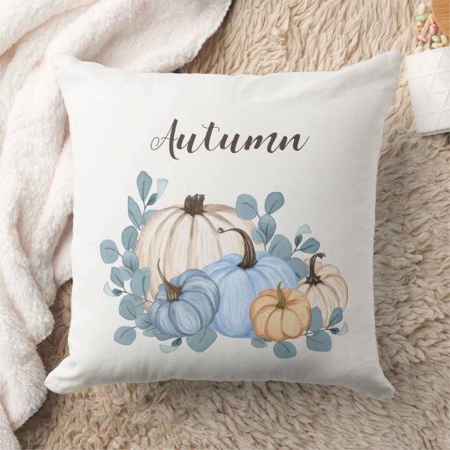 Blue and Orange Watercolor Pumpkins Autumn Throw Pillow (Blanket)