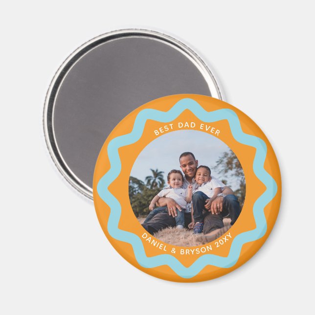 Blue and Orange Wavy Circle Photo Frame with Text Magnet (Front/Back)