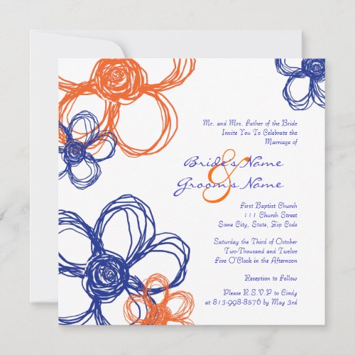 Blue and Orange Wild Flowers Wedding Invitation