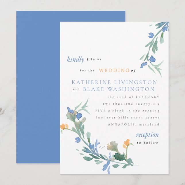 Blue and Orange Wildflower Colorful Wedding Invita Invitation (Front/Back)