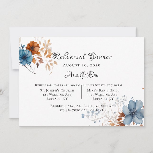 Blue and Orange Wildflowers Rehearsal Dinner Invitation (Front)