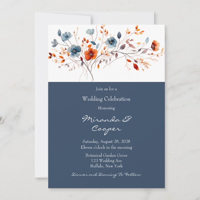 Blue and Orange Wildflowers Wedding Invitation (Front)