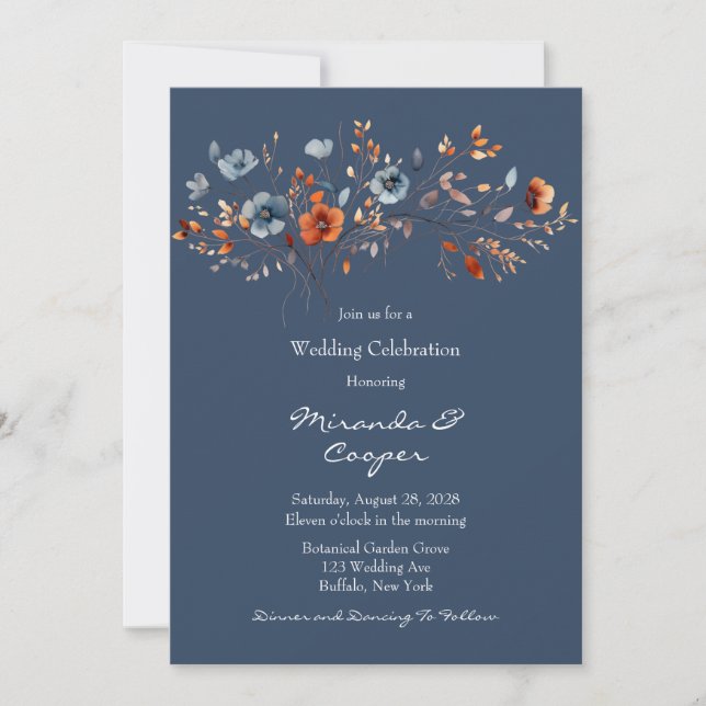 Blue and Orange Wildflowers Wedding Invitation (Front)