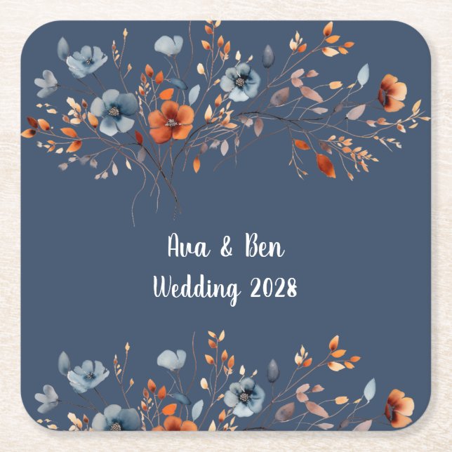 Blue and Orange Wildflowers Wedding Square Paper Coaster (Front)