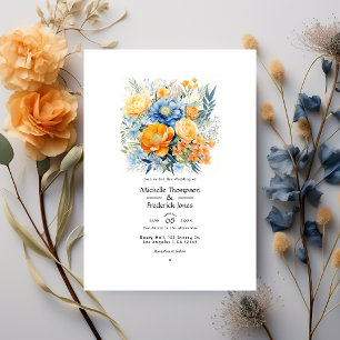 Blue and Pale Orange Floral Spring Wedding Invitation