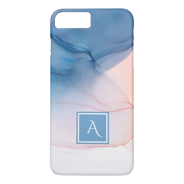 Blue and Peach Abstract Ink Wash with Monogram Case-Mate iPhone Case (Back)
