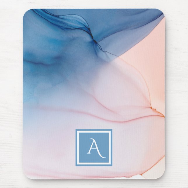 Blue and Peach Abstract Ink Wash with Monogram Mouse Pad (Front)