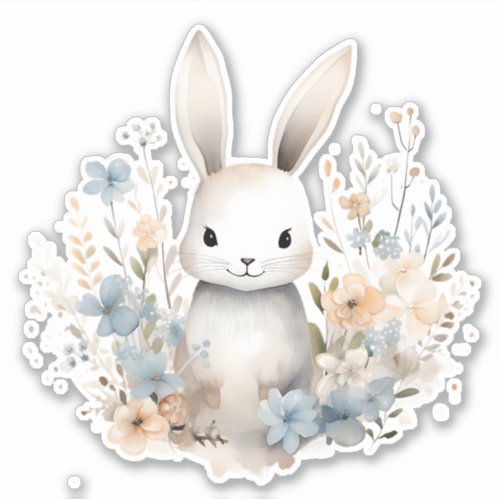 Blue and Peach Bunny Rabbit Wildflowers Sticker