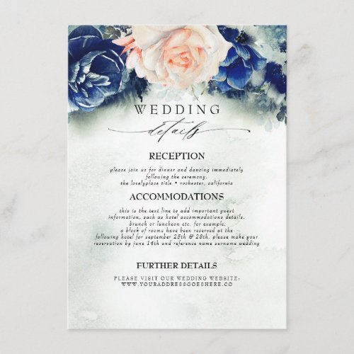 Blue and Peach Colored Flowers Wedding Information Enclosure Card