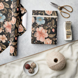 Blue and Peach Fantasy Floral Wrapping Paper