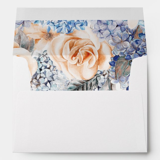 Blue and Peach Floral Botanical Elegant Wedding Envelope (Back (Bottom))