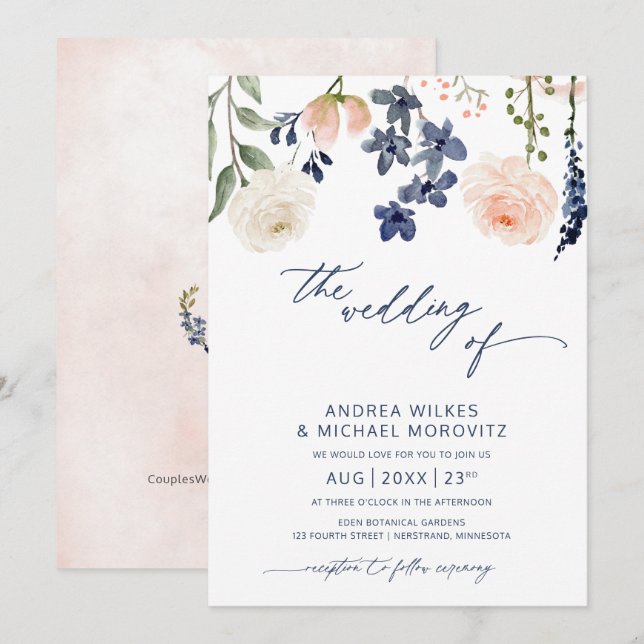 Blue and Peach Floral Botanical Wedding Invitation (Front/Back)