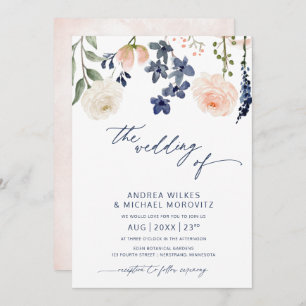 Blue and Peach Floral Botanical Wedding Invitation