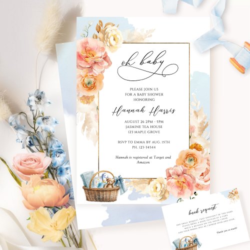 Blue and Peach Floral Boy Baby Shower Invitation