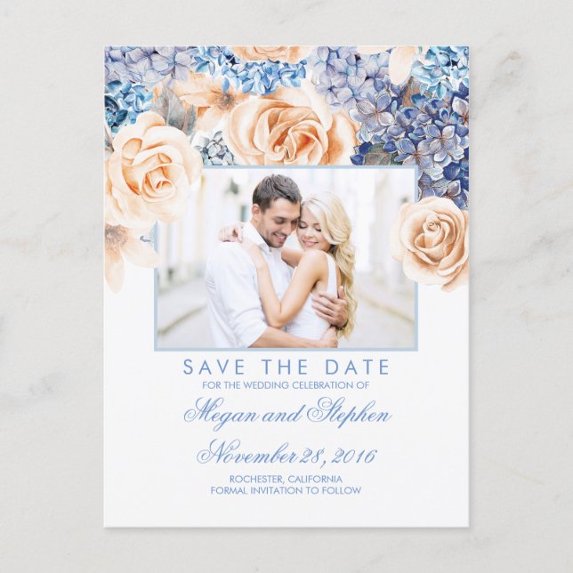 Blue and Peach Floral Watercolors Save the Date Announcement Postcard (Front)