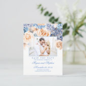 Blue and Peach Floral Watercolors Save the Date Announcement Postcard (Standing Front)