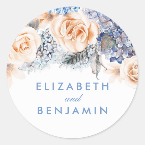 Blue and Peach Flowers Elegant Wedding Classic Round Sticker