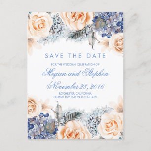 Blue and Peach Flowers Watercolor Save the Date Announcement Postcard