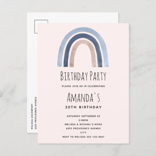 Blue and Peach Rainbow Boho Design Birthday Invitation Postcard