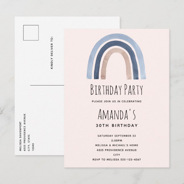 Blue and Peach Rainbow Boho Design Birthday Invitation Postcard (Front/Back)