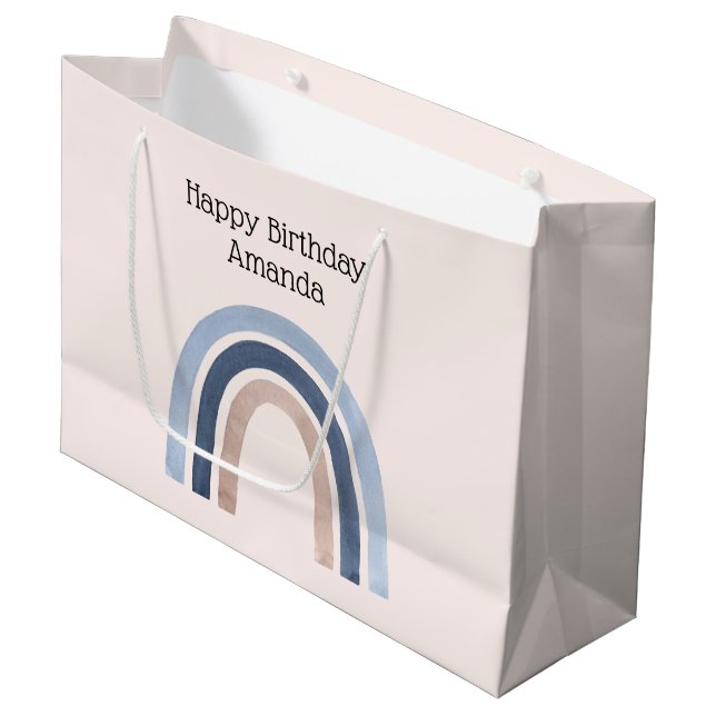 Blue and Peach Rainbow Boho Design Birthday Large Gift Bag (Front Angled)