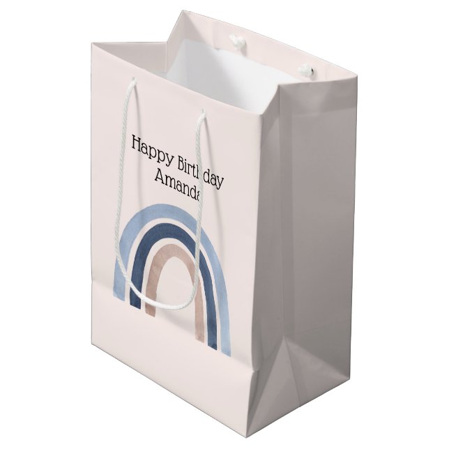 Blue and Peach Rainbow Boho Design Birthday Medium Gift Bag (Front Angled)