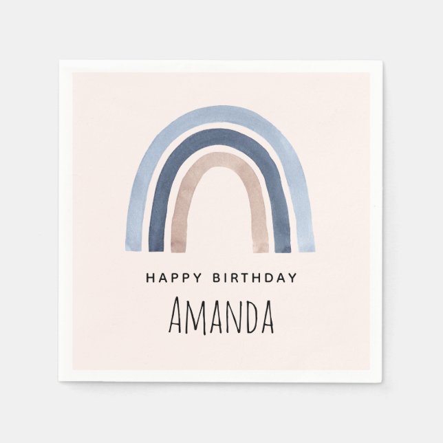 Blue and Peach Rainbow Boho Design Birthday Napkins (Front)