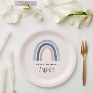 Blue and Peach Rainbow Boho Design Birthday Paper Plates