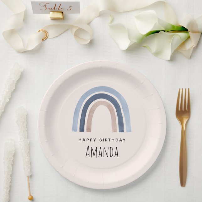 Blue and Peach Rainbow Boho Design Birthday Paper Plates (Wedding)