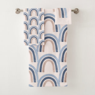 Blue and Peach Rainbow Boho Design Pattern Bath Towel Set
