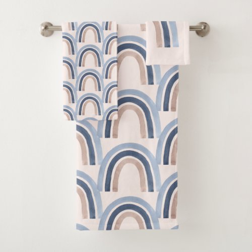  Blue and Peach Rainbow Boho Design Pattern Bath Towel Set
