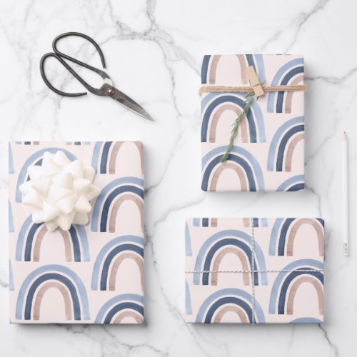 Blue and Peach Rainbow Boho Pattern Wrapping Paper Sheets