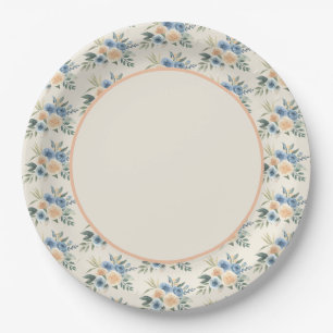 Blue and Peach Watercolor Floral Pattern Paper Plates
