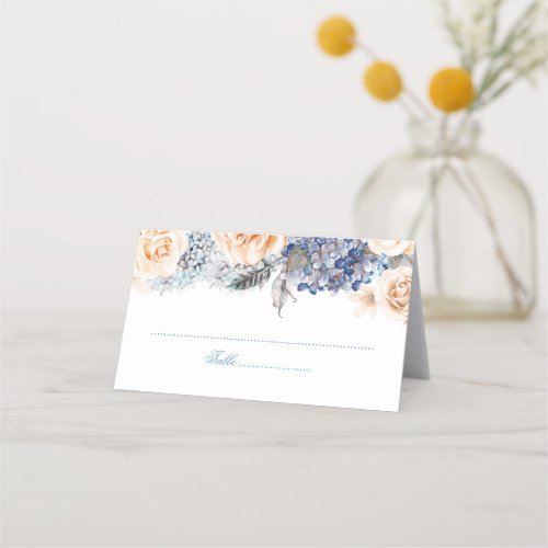 Blue and Peach Watercolor Floral Wedding Place Card
