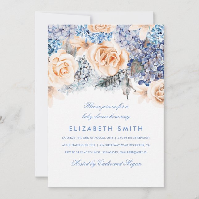 Blue and Peach Watercolor Florals Baby Shower Invitation (Front)