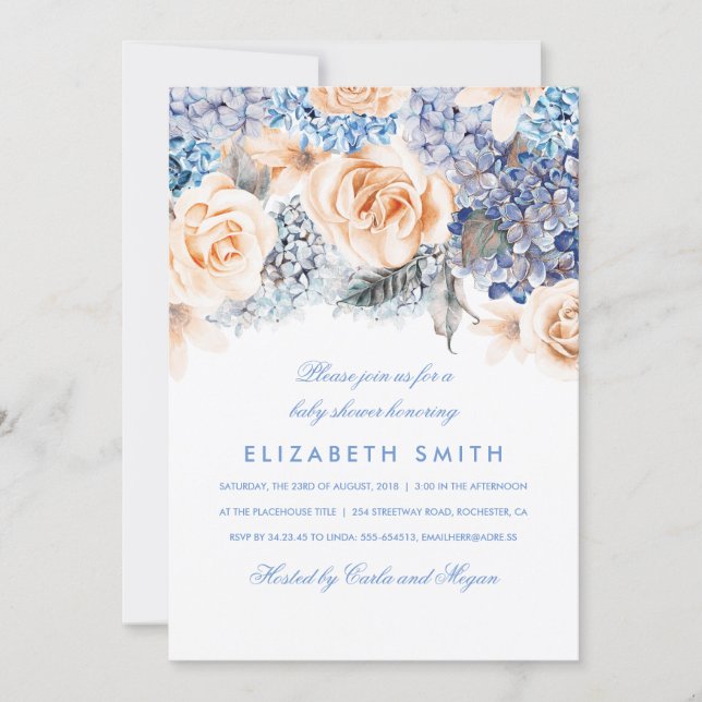 Blue and Peach Watercolor Florals Baby Shower Invitation (Front)