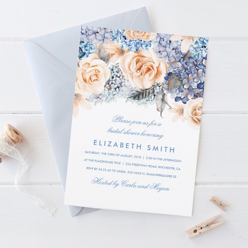 Blue and Peach Watercolor Florals Bridal Shower Invitation