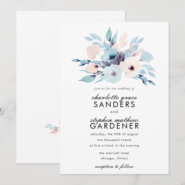 Blue and Peach Watercolor Flowers Wedding Invitation (Front/Back)