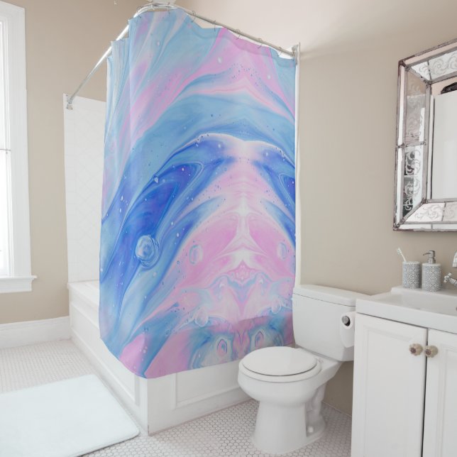 blue and pin abstract painting shower curtain (In Situ)