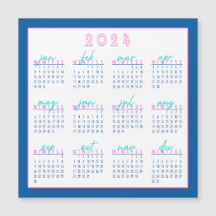 Blue and Pink 2024 Monday-Start Calendar Magnet