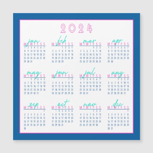 Blue and Pink 2024 Monday_Start Calendar Magnet