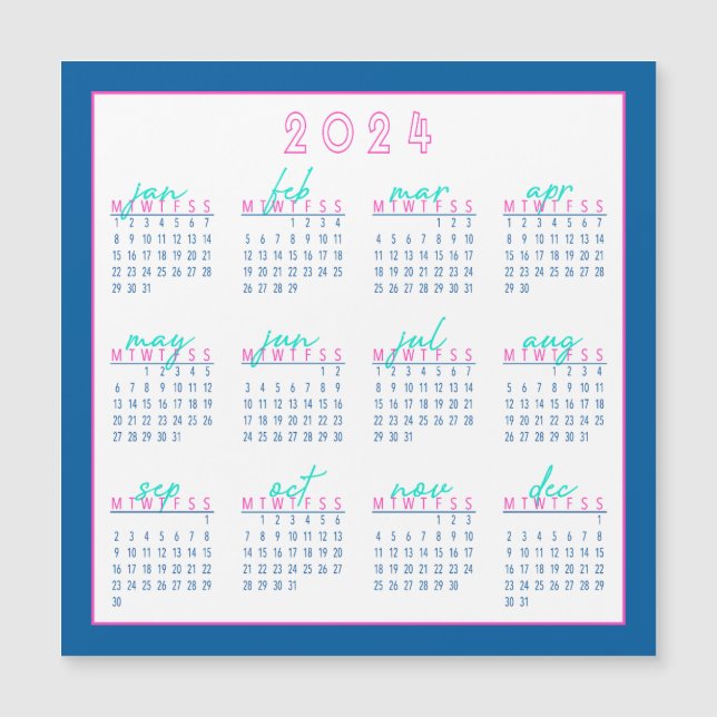 Blue and Pink 2024 Monday-Start Calendar Magnet (Front)