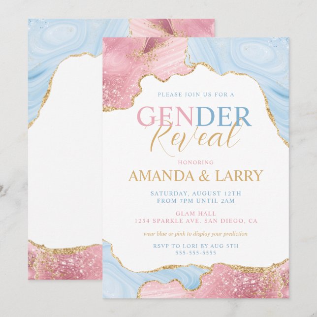 Blue and Pink Agate Marble Gender Reveal  Invitation (Front/Back)