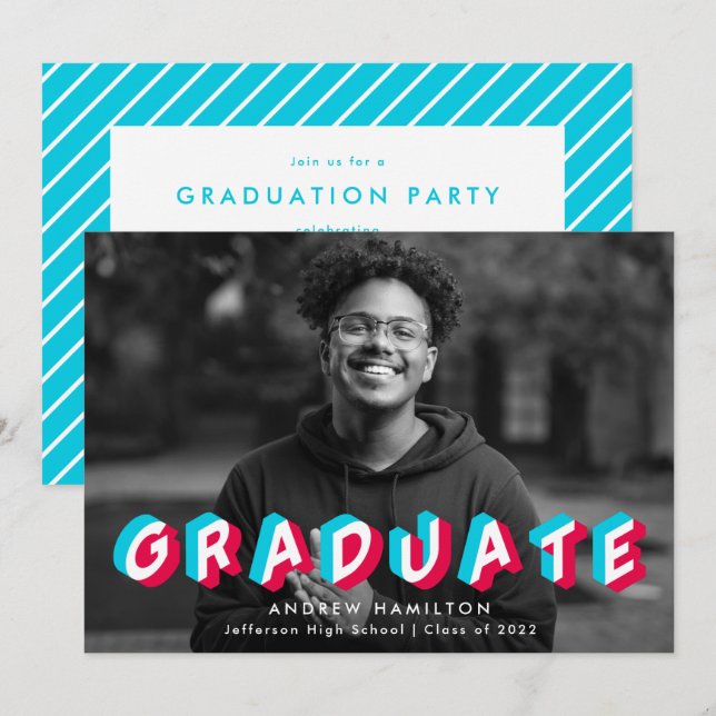Blue and Pink | Anaglyph Photo Graduation Party Invitation (Front/Back)
