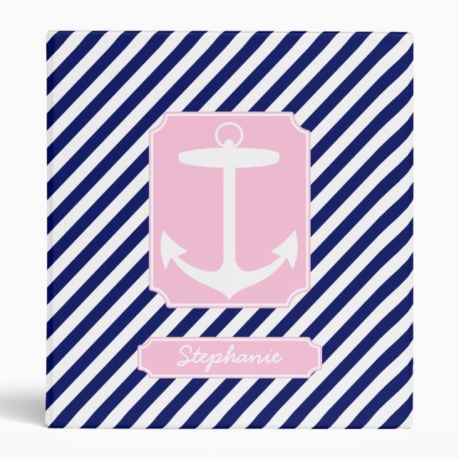 Blue and Pink Anchor Custom Text 3 Ring Binder (Front)