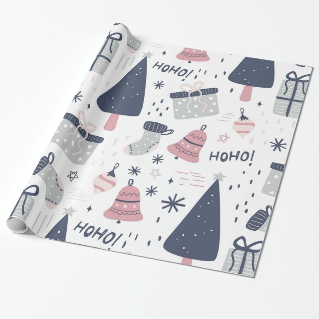 Blue and Pink and Grey Christmas Wrapping Paper (Unrolled)